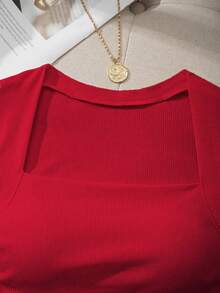 SHEIN EZwear 女士纯色褶皱休闲百搭日常上衣 - 紅色 - 查看 7