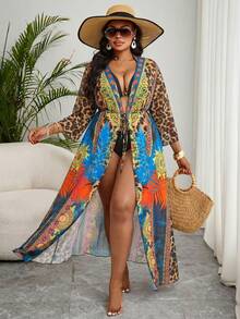 Slaydiva Kimono Panjang Model Ikat Pinggang Motif Leopard Blok Warna Ukuran Plus - MultiWarna - View 5