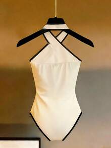 Franclia Áo liền thân không tay ôm sát, cổ yếm, viền chéo, kiểu dáng tối giản, đa năng dành cho nữ. - Màu be - Xem 2