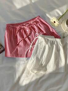 Comfortcana Women's Cute Red And White Checkered Linen Shorts 2 Pieces Set, Summer Home, Spring Vacation Beach Wear, Comfortable Plaid Drawstring Shorts - Multicolor - View 6