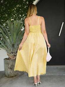 Flirla Plus Size French Romantic Plaid Strap Dress, Elegant For Spring, Summer, Fall, Vacation, Graduation - Light Yellow - View 2