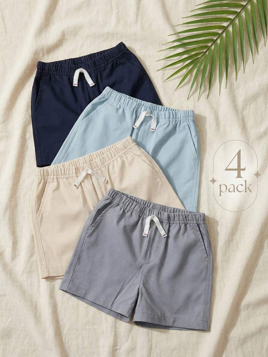 SHEIN Playful Pals 幼儿男童休闲弹力腰短裤，带口袋、假门襟和抽绳装饰，百搭风格，适合日常穿着、上学、旅行和运动。 - 彩色 - 查看 1