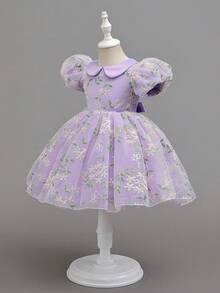 SHEIN Glamorique Kids 少女碎花腰部泡泡裙，薄纱泡泡袖优雅派对连衣裙，适合所有季节 - 紫色 - 查看 5