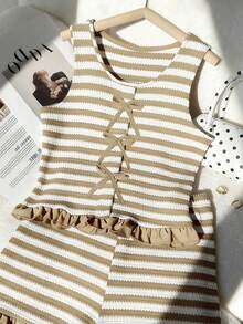 2pcs/Set Striped Bow Tie Sleeveless Crop Top,Ruffle Hem Shorts Set For Teenage Girls,Khaki,Summer,Cute,Matching,Family Vacation Sweet & Spicy Style - Multicolor - View 3