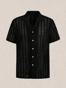 Mercer Haus 男士鏤空襯衫短褲套裝，適合夏季度假海灘穿著 - 黑色 - 查看 11