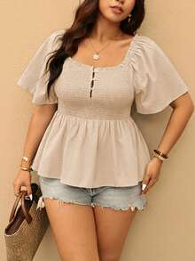 Elaquor Plus Size Women's Vacation Solid Color Square Neck Button Up Pleated Ruffle Hem Blouse - Apricot - View 8