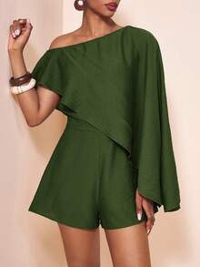 Zivah Elegant Army Green Asymmetrical Shoulder Flowy Jumpsuit Shorts For Summmer Vacation,Music Festival,Date,Wedding Guest,Party,Commute,Casual Streetwear - Army Green - View 4
