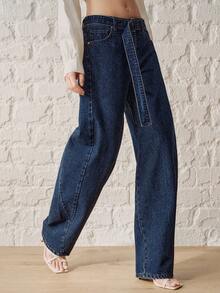 Anewsta Essential Navy Blue Wide Leg Jeans Everyday Summer Casual - Blue - View 9