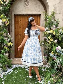 Lyrianda Plus Size Romantic Square Neck Waist Cinched A-Line Dress - Multicolor - View 5
