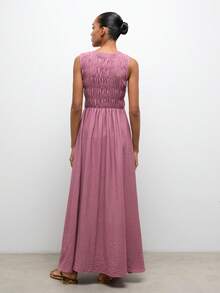 SHEIN Maija MAIJA 夏季沙滩印花褶皱荷叶边飘逸长裙 - 粉色 - 查看 4