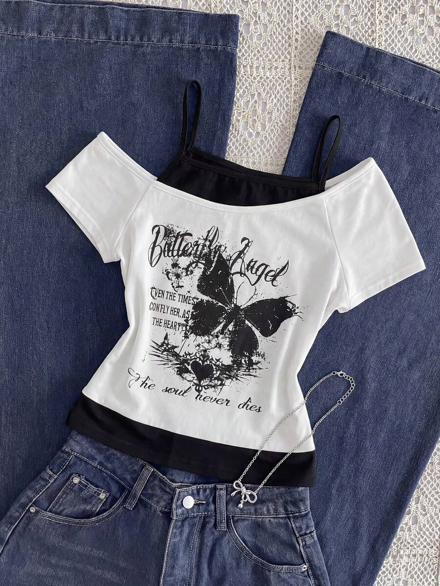 SHEIN Áo thun 2 trong 1 thời trang thường ngày dành cho nữ tuổi teen, phong cách đường phố, in chữ đồ họa phía trước, thiết kế tay ngắn hở vai, phù hợp cho các hoạt động giải trí mùa hè, mua sắm, chụp ảnh. - trắng - Xem 1