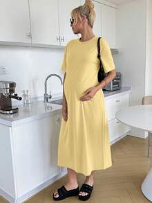 SHEIN Đầm ngắn tay dáng rộng màu trơn, thoải mái dành cho bà bầu, thích hợp mặc hàng ngày vào mùa hè. - Màu vàng - Xem 11