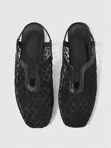 Ladies Exquisite Hollow Mesh Exposed Heel Flat Women's Shoes, Fashionable And Comfortable Square Toe Elegant Flat Shoes - Black - View 5