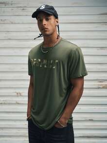 Modcrash 2025 男士休闲字母印花圆领短袖T恤，夏季 - 軍綠色 - 查看 6