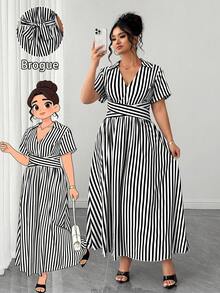 Elenzga 大码女式休闲条纹V领短袖抽绳腰长连衣裙，夏季斑马纹印花套装，Zanzea女式连衣裙，条纹连衣裙，大码夏季连衣裙，条纹长裙，大码女式夏季套装 - 黑與白 - 查看 1
