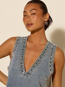 COSMINA Women's V-Neck Sleeveless Casual Denim Dress, Rhinestone Embellished Design, Refined Ladies' Denim Dress, Street Style Item, Summer Women's Matching, Daily Wear, Blue Denim Dress, Summer Casual Denim - Blue - View 2