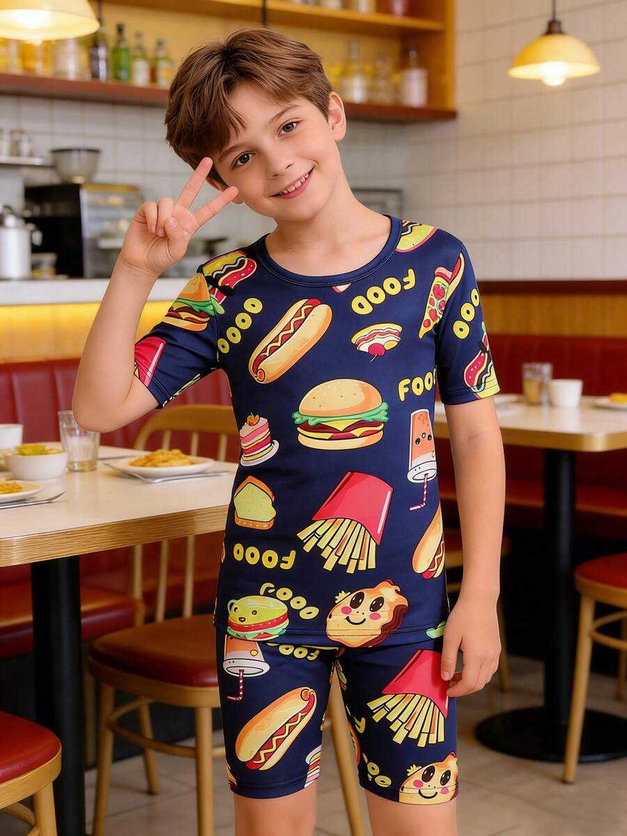 SHEIN Boys' Black Minimalist Video Game Print Snug Fit Short Sleeve Top And Shorts 2 Pieces Pajama Set