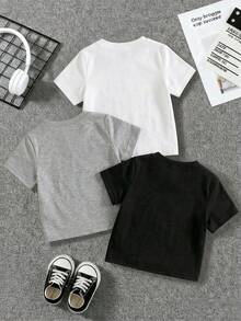 SHEIN Playful Pals 嬰兒中性 3件組 T恤套裝 白色夏季休閒可愛 職業日 開學季 英文字母印花 柔軟圓領短袖T恤 經典格紋 - 彩色 - 查看 2