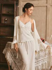 Bộ 3 món đồ ngủ nữ ren khoét lỗ thanh lịch kiểu miền Nam nước Pháp. - trắng - Xem 6