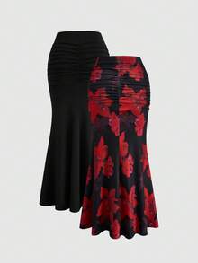 Sweetra French Elegant Floral Print Pencil Skirt, Suitable For Commuting, Party And Vacation Fall - Black - View 2