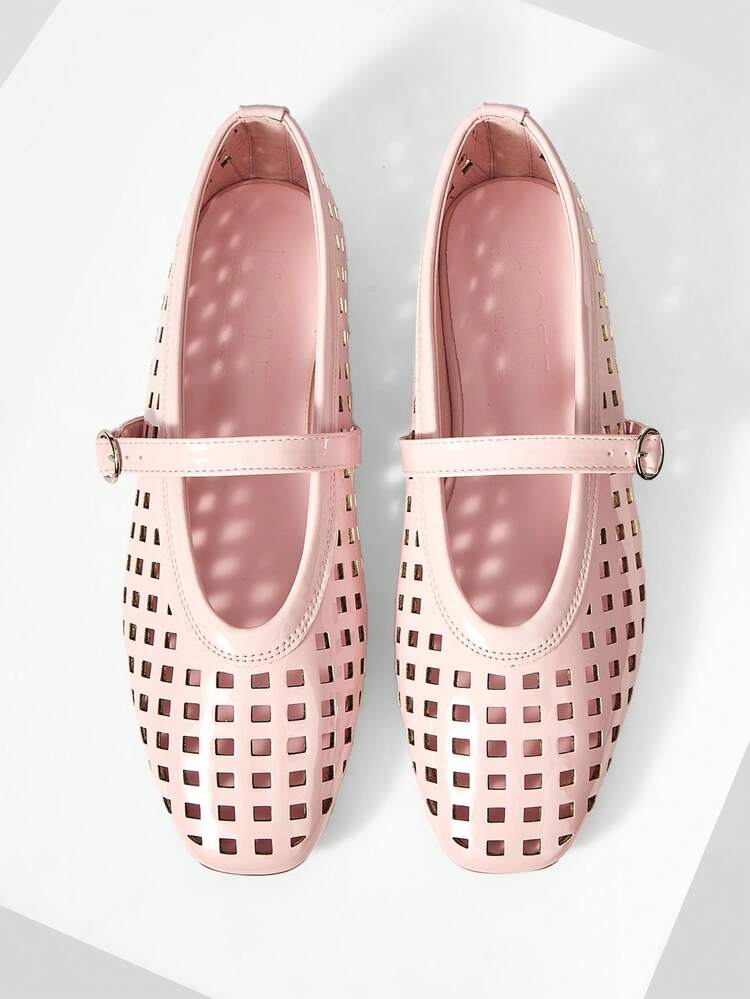WOMEN SHOES POPULAR FRENCH NEW FASHION PINK PU LEATHER HOLLOW GRID TEMPERAMENT SQUARE TOE FLAT SOLE SHOES, COMFORTABLE AND VERSATILE WITH SIMPLE ELEGANCE NOT TIRED FEET BREATHABLE HOLE SANDALS