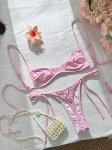 Swim SXY Bộ bikini 2 mảnh màu xanh bạc hà đính sequin gợi cảm mùa xuân/hè 2026, kiểu dây mảnh buộc eo kết hợp tam giác, vẻ ngoài tươi tắn và quyến rũ trên bãi biển, đồ bơi tôn dáng, bộ bikini thêu cho nữ, bộ bikini màu hồng, bộ bikini 2 mảnh, bộ bikini hoa hồng. - Hồng - Xem 4