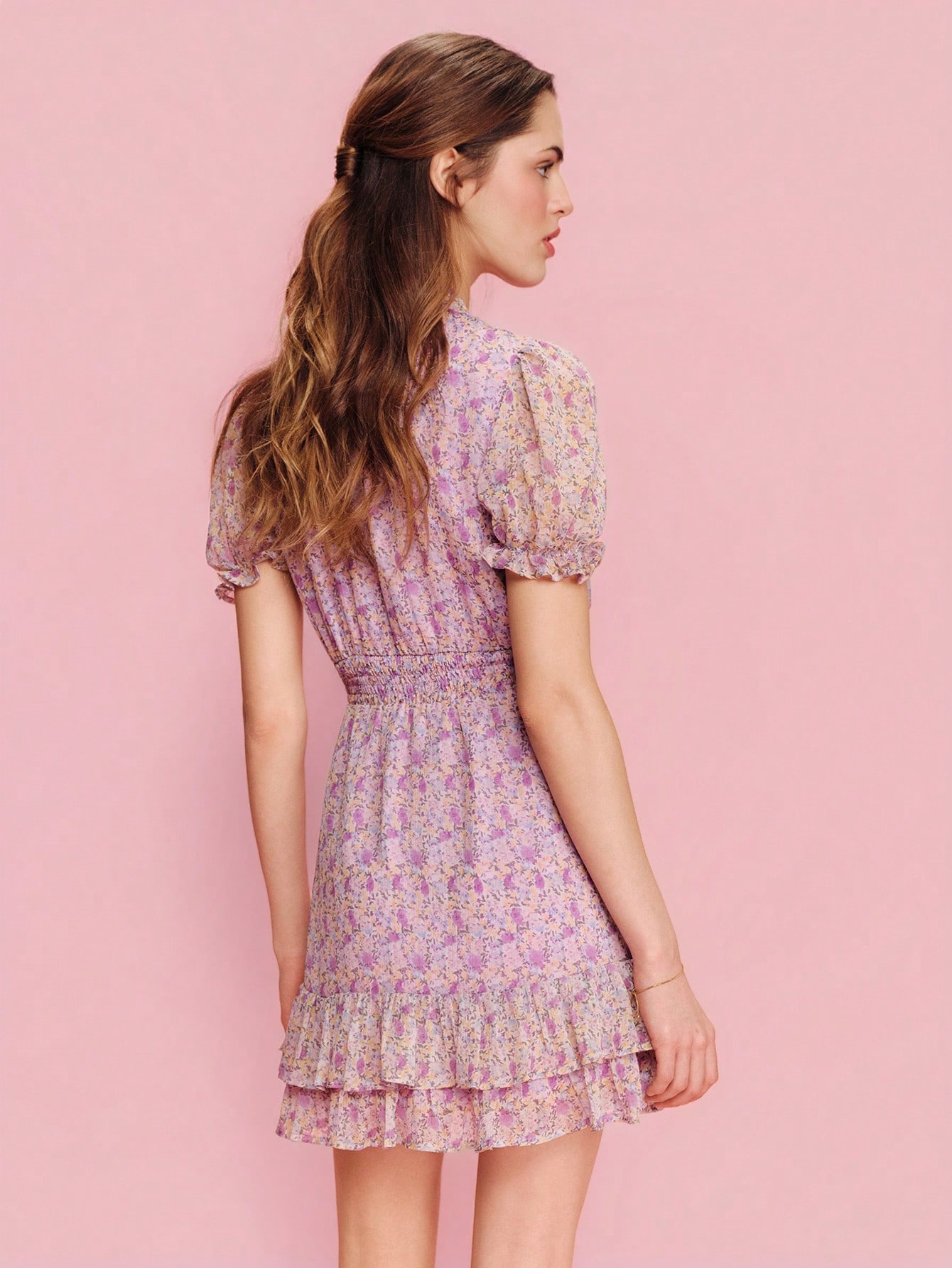Lilac Floral Boho Mini Ruffled Dress With Keyhole Details And Puffy Sleeves Spring Summer Vacation Dress Holiday Dress Wedding Guest Dress Going Out French Style Parisian Style