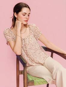 lacRébo 复古印花圆领衬衫，前襟纽扣设计，春夏度假风上衣，可爱夏日上衣，法式巴黎风情 - 杏色 - 查看 4