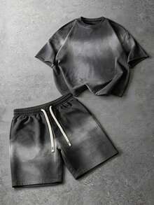 PAVTROS 男士休闲运动短袖T恤和抽绳短裤套装 - 深灰色 - 查看 1