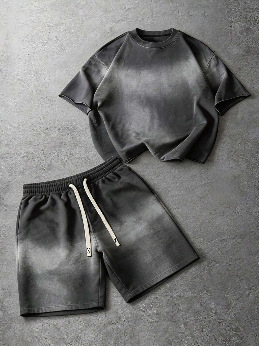 PAVTROS 男士休闲运动短袖T恤和抽绳短裤套装 - 深灰色 - 查看 1