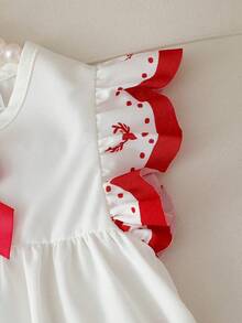 SHEIN Vintaside Kids White And Red Baby Girl Dress,Summer Cute Party Fashion Soft Fabric Round Neck Ruffle Sleeves Floral Embroidery Pastoral Style Lightweight - Red - View 7