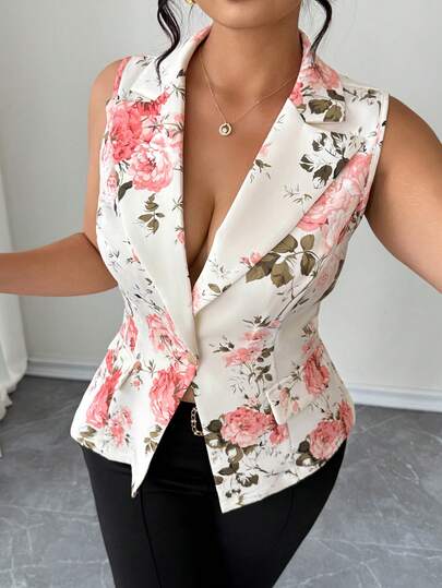 Elenzga Plus Size Women's Elegant Commuter Minimalist Lapel Sleeveless Cinched Waist Faux Pocket Decor Casual Apricot Printed Blazer