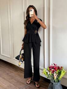 Serisse Bộ đồ nữ mùa xuân/hè, thích hợp mặc đi làm, đi chơi, đi nghỉ mát, gồm áo cổ chữ V cài kim loại và quần ống rộng, chất liệu vải có họa tiết. - màu đen - Xem 6
