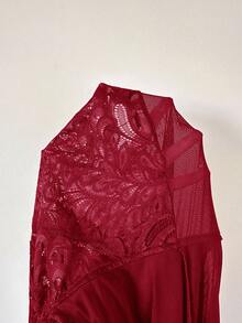 Slumberist Plus Size Women Sheer Mesh Patchwork Lace Sexy Lingerie Jumpsuit - Burgundy - View 6