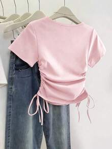 Resyla 女士纯色V领短袖抽绳休闲T恤 - 粉色 - 查看 2