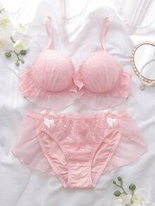 Bộ đồ ngủ babydoll lưới xuyên thấu thêu họa tiết, có đệm ngực và gọng, đồ ngủ gợi cảm cho kỳ nghỉ hè, bộ đồ lót nữ màu hồng nữ tính. - Hồng - Xem 1
