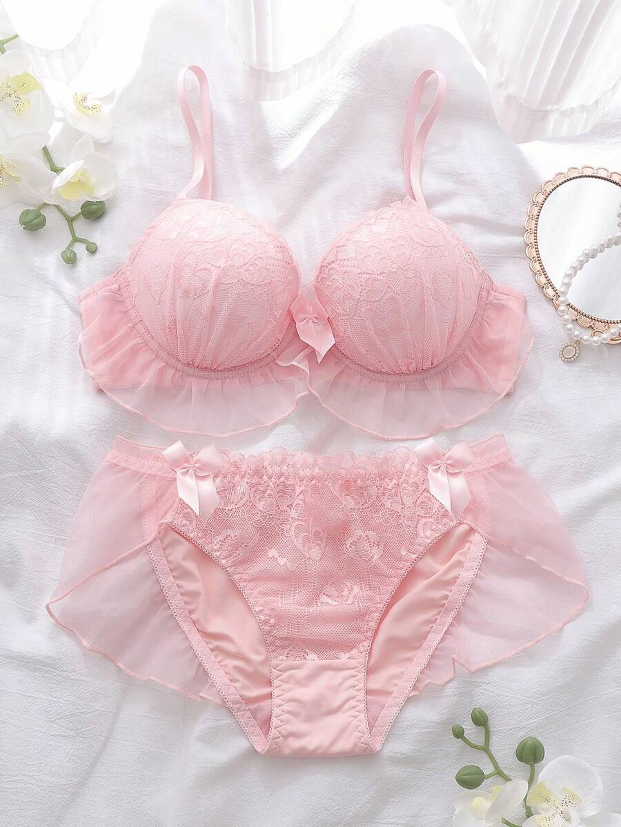 Bộ đồ ngủ babydoll lưới xuyên thấu thêu họa tiết, có đệm ngực và gọng, đồ ngủ gợi cảm cho kỳ nghỉ hè, bộ đồ lót nữ màu hồng nữ tính. - Hồng - Xem 1
