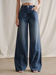 Anewsta Women's Elegant Romantic Party & Vacation High Waist Side Slit Straight Leg Jeans, Spring/Summer - Blue - View 2