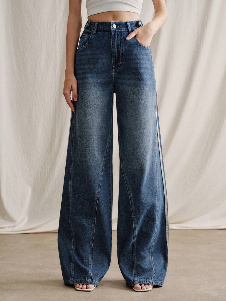 Anewsta 女士优雅浪漫派对度假高腰侧开衩直筒牛仔裤，春夏款 - 藍色 - 查看 1