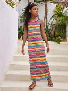 SHEIN Tween Girls' Sleeveless Long Fitted Casual Dress Girls Summer Maxi Dress - Multicolor - View 4