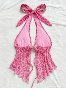 Soleia Camiseta sin espalda con cuello halter y estampado de leopardo, sexy para vacaciones - Rosa - Ver 2