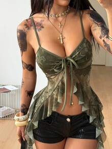 Coolane Áo tank top nữ mùa hè, phong cách lễ hội âm nhạc, vintage Y2K, họa tiết da báo, chất liệu ren, co giãn, phối màu đen. - Màu xanh lá cây đậm - Xem 4