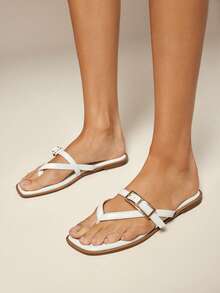 SHUZIA #BeachVacation Women's Square Toe Cushioned Insole Metal Buckle Fine Pu White Thong Slides – Resort Style Summer Sandals - White - View 4