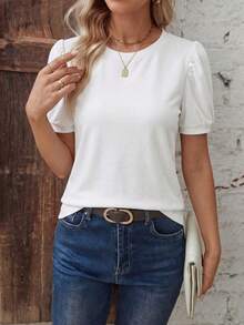 Selamara 女士休闲基础款白色圆领插肩袖T恤 - 白色 - 查看 1
