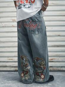 Modcrash 1pc American Style Men's Street Fashion Embroidered Wide Leg Pants, Loose Casual Comfortable Commuting All-Season Versatile Jeans (No Belt Or Accessories) , Retro American, Unisex, Relaxed Fit Summer Outfits – Suitable For Everyday Wear And Summer Holiday Outfits. - Blue - View 3