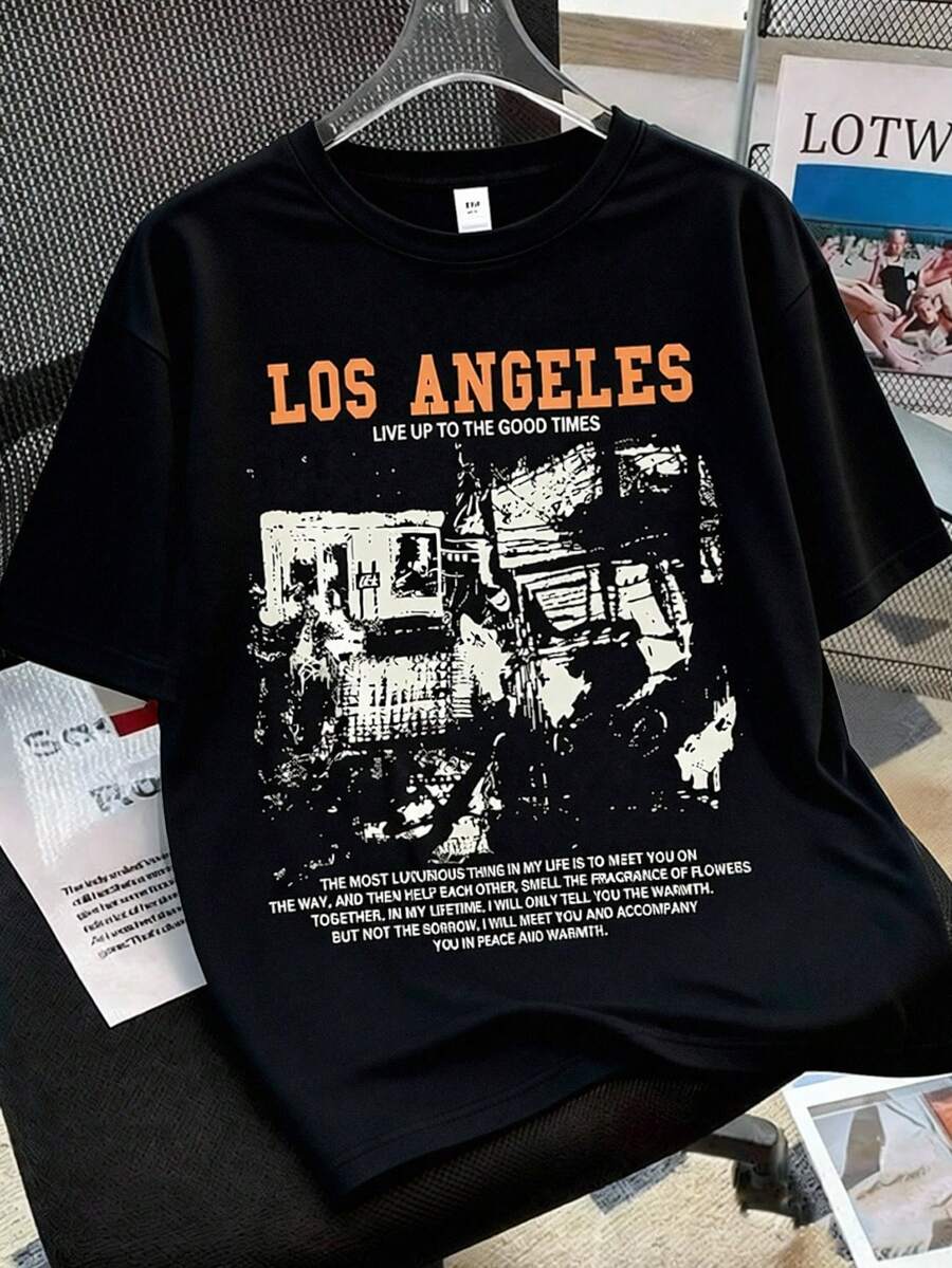 ROMWE MEN Street Life Áo thun ngắn tay cổ tròn in họa tiết phong cách đường phố, thích hợp cho mùa xuân/hè. - màu đen - Xem 1