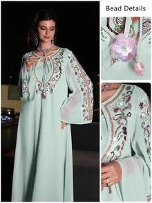 Layrah Elegant & Luxurious Heavily Embellished Pink Chiffon Flare Sleeve Dress, Spring/Summer - Mint Green - View 5