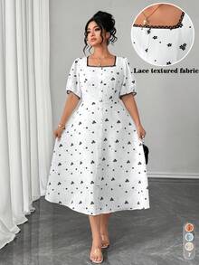 SHEIN Elenzya Vestido de talla grande con estilo retro francés, cuello cuadrado y mangas con volantes con estampado floral diminuto - Albaricoque - Ver 1