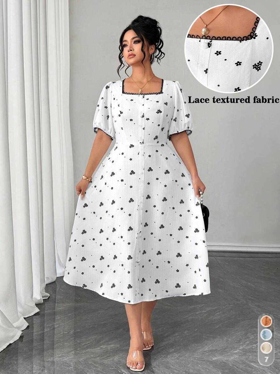 SHEIN Elenzya Vestido de talla grande con estilo retro francés, cuello cuadrado y mangas con volantes con estampado floral diminuto - Albaricoque - Ver 1
