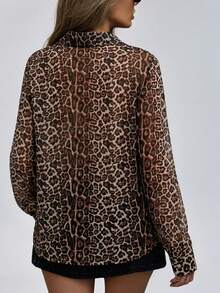 GENKIRA 优雅薄纱长袖翻领豹纹衬衫，优雅商务休闲女式衬衫 - 彩色 - 查看 2